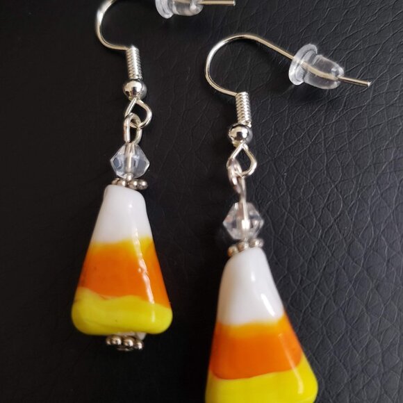Earrings Glass Candy Corn Fall Lampwork Handcrafted Hypoallergenic Halloween - Picture 1 of 2